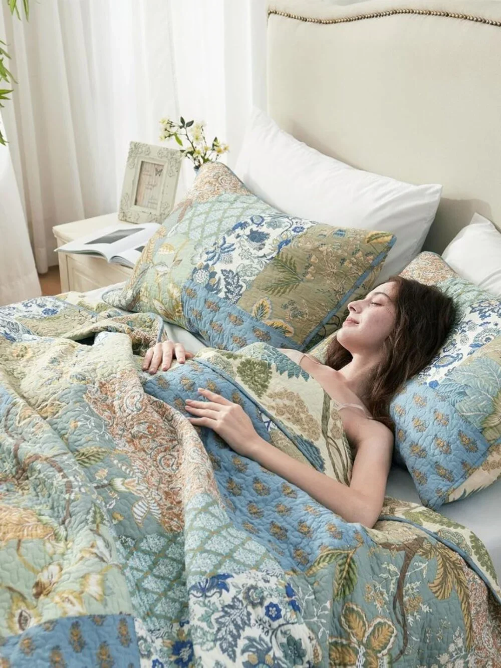 Quilt Set King Size, 100% Cotton Patchwork Green Bohemian Quilt Sets, Reversible_5